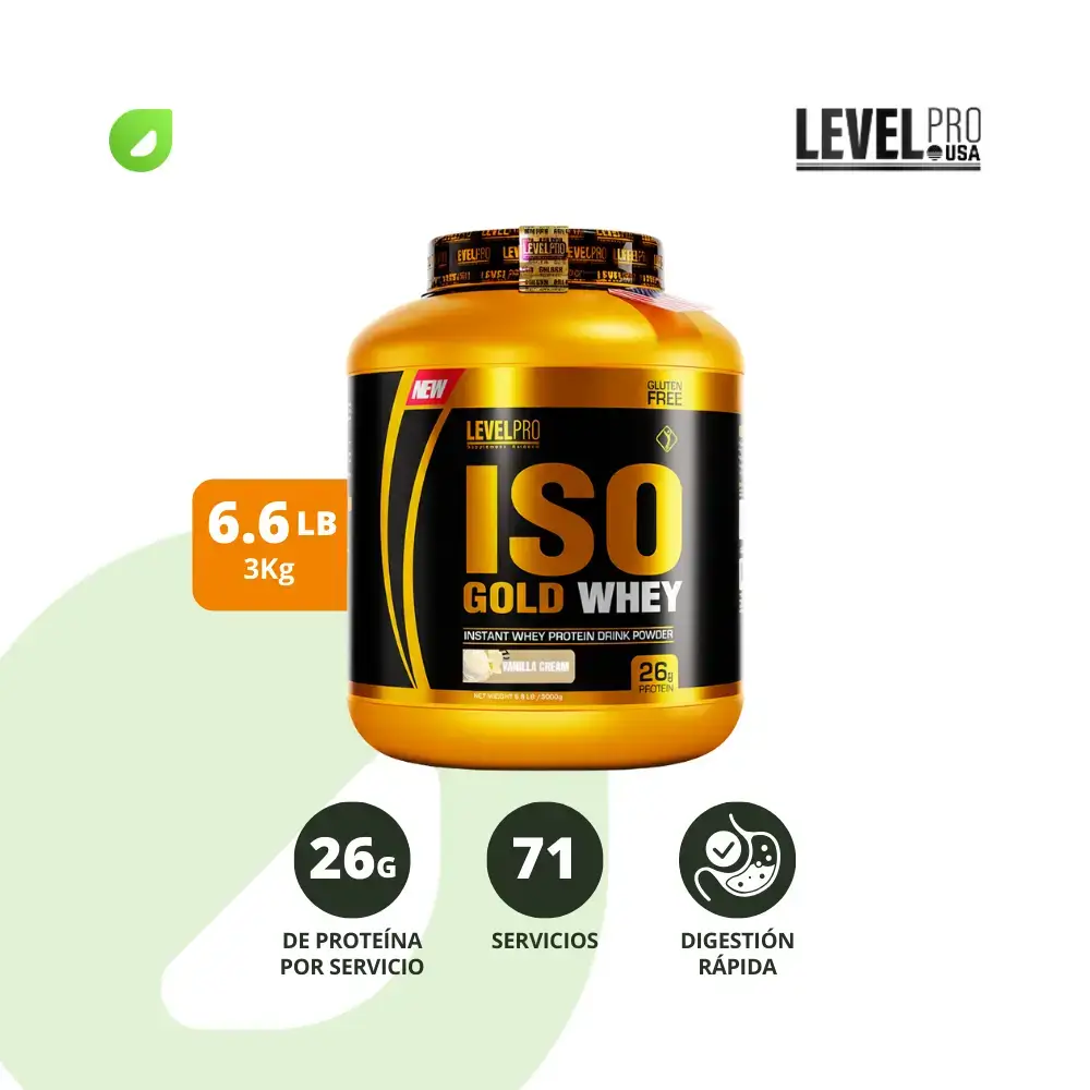 ISO Gold Whey | 3 kg (6.6 lb) ~ 97 Servicios | 1.1 kg (2.43 lb) ~ 35 Servicios | LEVEL PRO